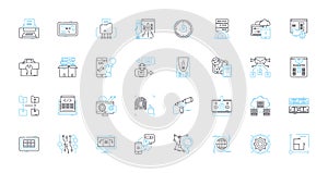 Cyber technology linear icons set. Encryption, Malware, Hacking, Firewall, Cyberattack, Cybersecurity, Cybercrime line