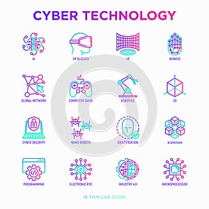 Cyber technology thin line icons set: ai, virtual reality glasses, bionics, robotics, global network, computer game,