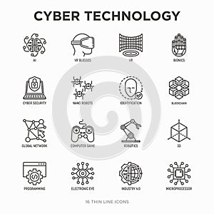 Cyber technology thin line icons set: ai, virtual reality glasses, bionics, robotics, global network, computer game, photo