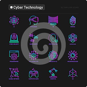 Cyber technology thin line icons set: ai, virtual reality glasses, bionics, robotics, global network, computer game,