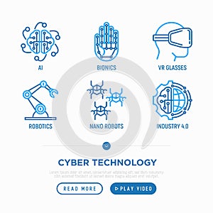 Cyber technology thin line icons set: ai, virtual reality glasses, bionics, robotics,  nano robots, industry 4.0. Vector photo