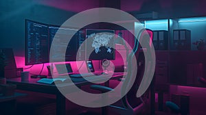 Cyber-Themed AI Developer\'s Workspace with Neon Accent Lighting