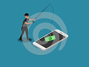 A cyber thief is stealing money with fishing rod from the smart phone.