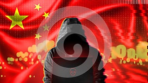 Cyber threat from the China. A Chinese hacker at a computer against the background of the colors of the China flag. DDoS attack.