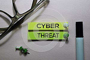 Cyber Threat text on sticky notes isolated on office desk