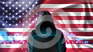 Cyber threat from the USA. An American hacker at a computer against the background of the colors of the United States flag. DDoS a