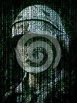Cyber warfare concept. Military soldier embedded into computer internet symbol binary code. photo