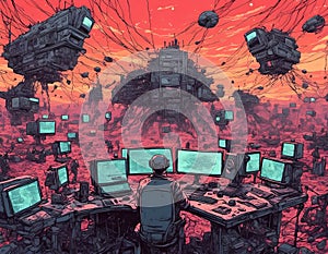 Cyber warfare illustration with dozens of computers and screens