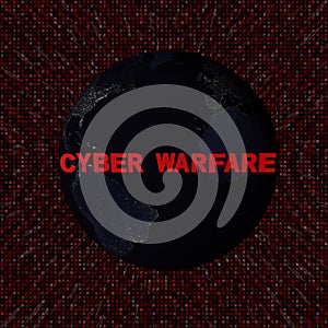 Cyber warfare text with earth by night and red hex code illustration