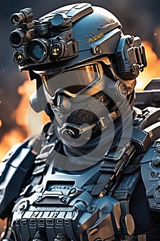 A cyber warrior in a burnt land, extremely highly detailed futuristic navy seals commando armor, war photography style