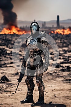 A cyber warrior in a burnt land, extremely highly detailed futuristic navy seals commando armor, war photography style