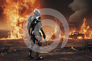 A cyber warrior in a burnt land, extremely highly detailed futuristic navy seals commando armor, war photography style