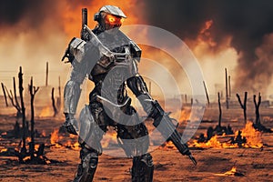 A cyber warrior in a burnt land, extremely highly detailed futuristic navy seals commando armor, war photography style