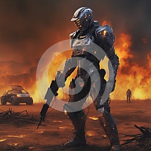 A cyber warrior in a burnt land, extremely highly detailed futuristic navy seals commando armor, war photography style