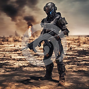 A cyber warrior in a burnt land, extremely highly detailed futuristic navy seals commando armor, war photography style