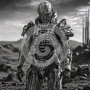 A cyber warrior in a burnt land, extremely highly detailed futuristic navy seals commando armor, war photography style