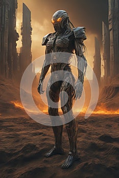 A cyber warrior in a burnt land, extremely highly detailed futuristic navy seals commando armor, war photography style