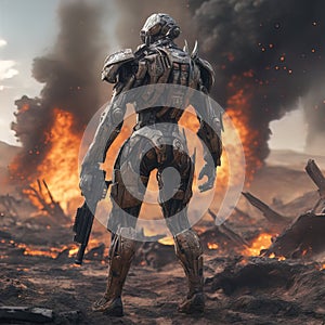 A cyber warrior in a burnt land, extremely highly detailed futuristic navy seals commando armor, war photography style