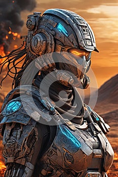 A cyber warrior in a burnt land, extremely highly detailed futuristic navy seals commando armor, war photography style