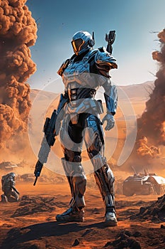 A cyber warrior in a burnt land, extremely highly detailed futuristic navy seals commando armor, war photography style