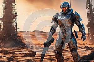 A cyber warrior in a burnt land, extremely highly detailed futuristic navy seals commando armor, war photography style