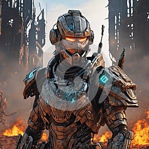 A cyber warrior in a burnt land, extremely highly detailed futuristic navy seals commando armor, war photography style