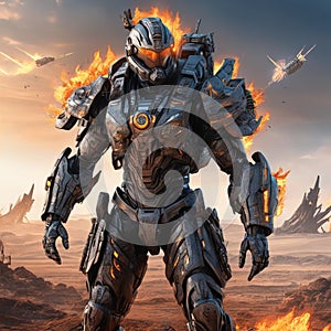 A cyber warrior in a burnt land, extremely highly detailed futuristic navy seals commando armor, war photography style