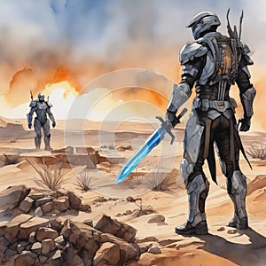 A cyber warrior in a burnt land, extremely highly detailed futuristic navy seals commando armor, war photography style