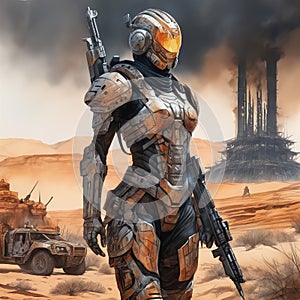 A cyber warrior in a burnt land, extremely highly detailed futuristic navy seals commando armor, war photography style