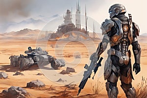 A cyber warrior in a burnt land, extremely highly detailed futuristic navy seals commando armor, war photography style