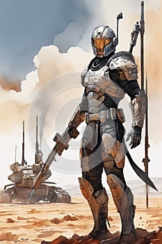 A cyber warrior in a burnt land, extremely highly detailed futuristic navy seals commando armor, war photography style