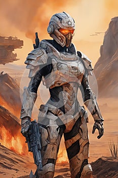 A cyber warrior in a burnt land, extremely highly detailed futuristic navy seals commando armor, war photography style