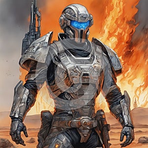 A cyber warrior in a burnt land, extremely highly detailed futuristic navy seals commando armor, war photography style