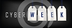 Cyber week sale promotion white tags on black background