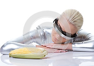 Cyber woman with a corn