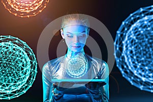 Cyber woman holding lighting panel with glowing polygonal abstract sphere