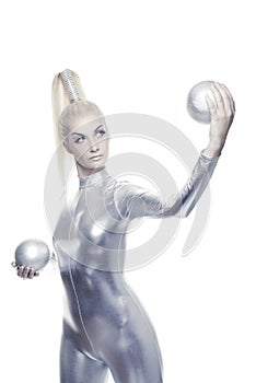 Cyber woman with silver balls