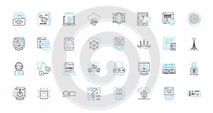 Cyber workplace linear icons set. Cybersecurity, Digitalization, Collaboration, Automation, Encryption, Cybercrime