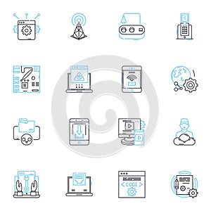 Cyber workplace linear icons set. Cybersecurity, Digitalization, Collaboration, Automation, Encryption, Cybercrime