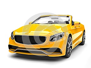 Cyber yellow modern convertible luxury car - front view closeup shot