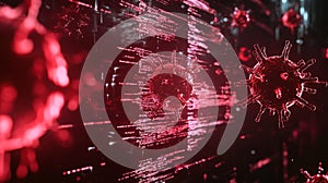 Cyberattack concept with binary virus code, glitch effects, and warning signs flashing in red and white