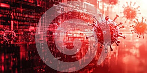 Cyberattack concept with binary virus code, glitch effects, and warning signs flashing in red and white