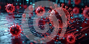 Cyberattack concept with binary virus code, glitch effects, and warning signs flashing in red and white