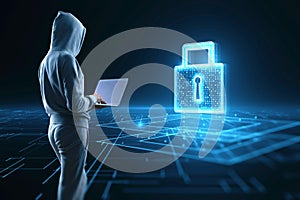 Cyberattack, internet security, information and data safety concept with person in hoody back view using modern laptop in front of