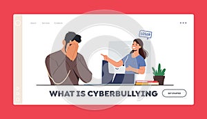 Cyberbullying Abuse Landing Page Template. Woman Laughing on Man in Internet Network. Teen Character Crying front of Pc