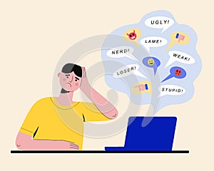 Cyberbullying concept. Sad man reading messages at laptop and getting insulted online. Vector flat illustration