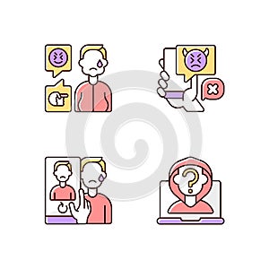Cyberbullying and discrimination RGB color icons set
