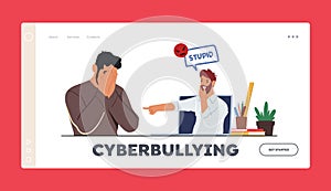 Cyberbullying Landing Page Template. Hater Laughing on Man Online. Teen Character Crying front of Computer Screen