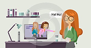 Cyberbullying, trolling. Teenage girls laughing and pointing at another girl from computer monitor. Concept vector