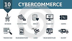Cybercommerce icon set. Collection contain coupon, wishlist, online shop, secure payment and over icons. Cybercommerce elements